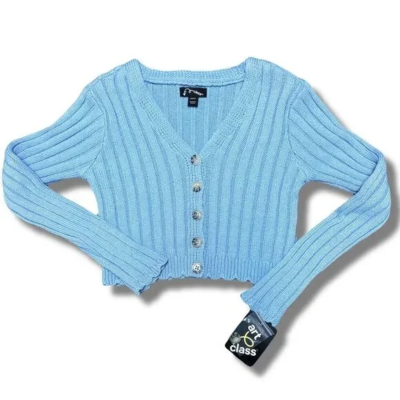 Class Act Girls' Blue Ribbed Cardigan Size 6-7 Heart Buttons - Picture 3 of 7